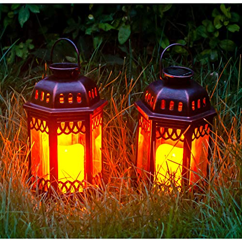 SteadyDoggie Solar Lanterns 2 Pack Bronze - Retro Ornate Hanging Lantern with Handle, Outdoor Lantern with Flickering Cand...