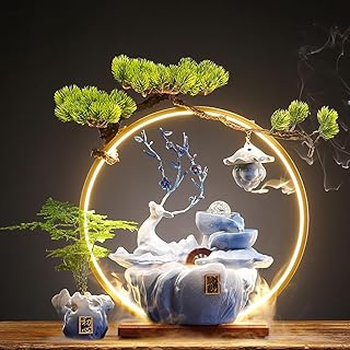 Deer Tabletop Water Fountain with LED Light Mist, Home Decor Includes Backflow Incense,Japanese Water Fountains for Medita...