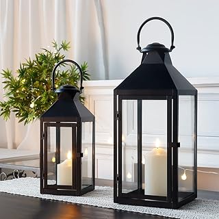 JHY DESIGN Set of 2 Black Decorative Lanterns 17.5inch&13.5inch Metal Candle Lanterns for Indoor Outdoor Events Paritie an...