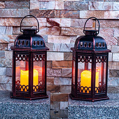 SteadyDoggie Solar Lanterns 2 Pack Bronze - Retro Ornate Hanging Lantern with Handle, Outdoor Lantern with Flickering Cand...