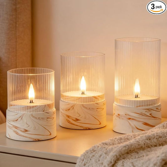 Fanna 3 Flameless LED Candles with Timer Function in Marble Texture, Battery Operated Glass Candles for Home Decor and Tab...