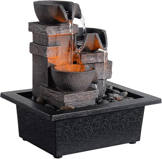 MAOCHI Indoor Fountain 3-Bowl Rockery Soothing Sound Tabletop Fountains Home/Office Decor with Natural River Rocks LED Lig...