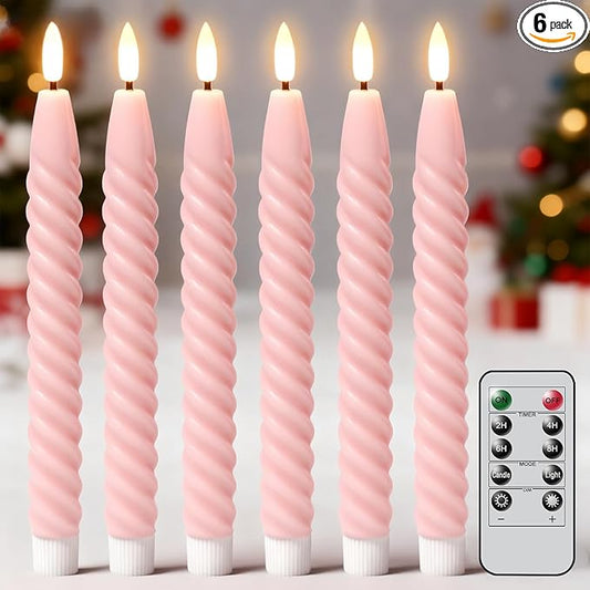 Lasumora Pink Flameless Taper Candles Pastel Flickering with Remote Timer, 3D Wick LED Spiral Wedding Candles Battery Oper...
