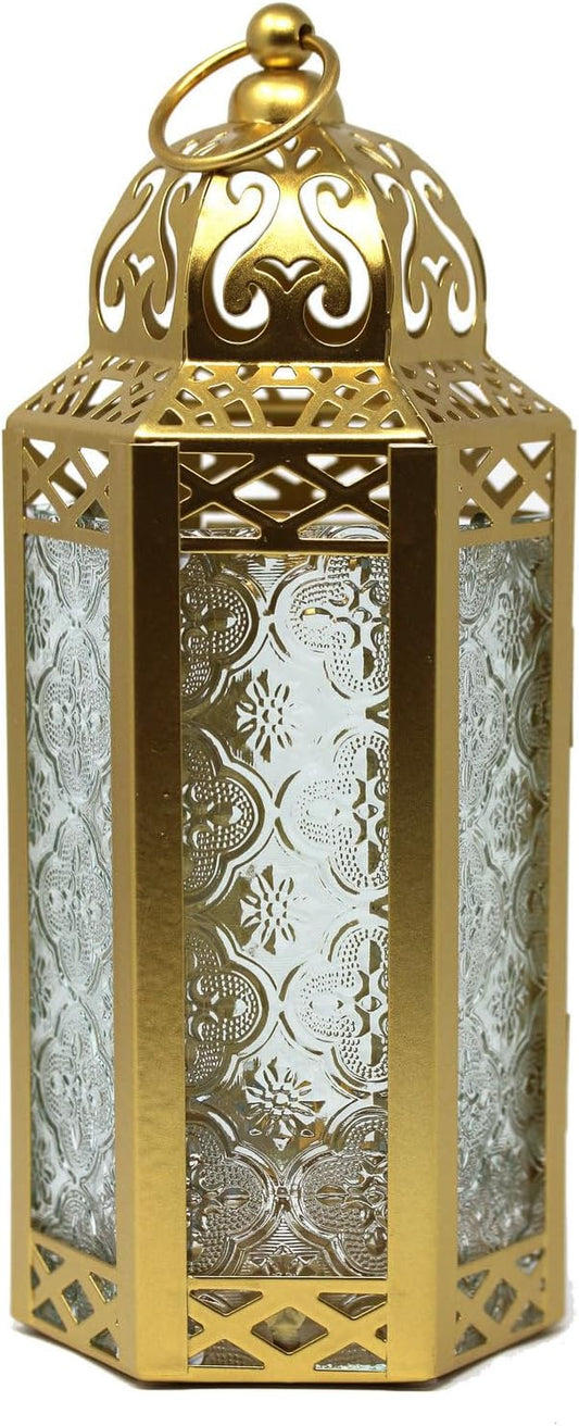 VELA LANTERNS 10.5" Gold Moroccan Candle Lantern Decorative Candle Holder Lamp for Table or Hanging, Ramadan Decorations, ...