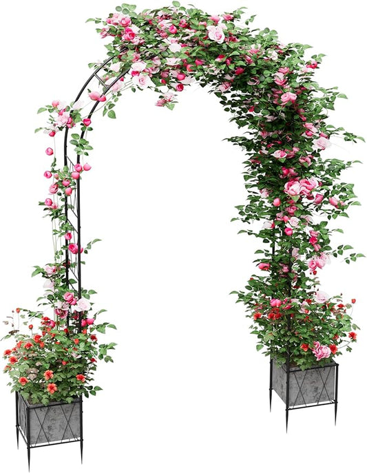 Garden Arch Arbor Trellis with Planter Boxes 8.2 Ft Metal Arch Trellis for Climbing Plants Outdoor, Wedding Arches Backdro...