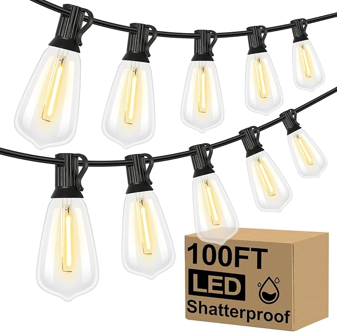 Brightever LED Outdoor String Lights 100FT Patio Lights with 52 Shatterproof ST38 Vintage Edison Bulbs, Outside Hanging Li...