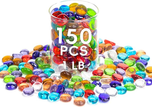 1 LB Mix Color Glass Beads, Mini Flat Glass Marbles~150PCS for Vase Fillers, Floral Bottom Mancala Gems Pebbles Fish Tank ...