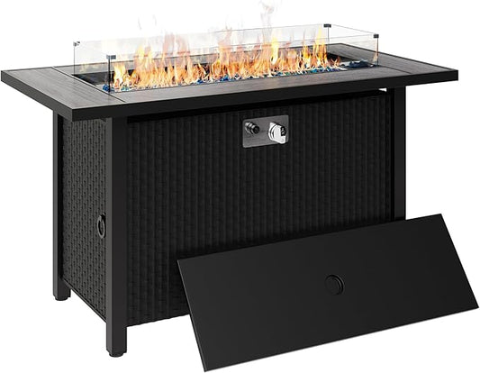 Walsunny 45 inch Outdoor Propane Fire Pit 50,000 BTU Gas Fire Pit Table with Lid, Glass Wind Guard, Waterproof Cover, Rect...