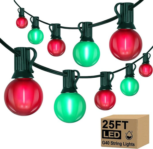 Xingzd 25Ft LED Christmas Outdoor String Lights, G40 Globe String Lights with 27 0.6W Red Green Bulbs, Vintage Christmas L...