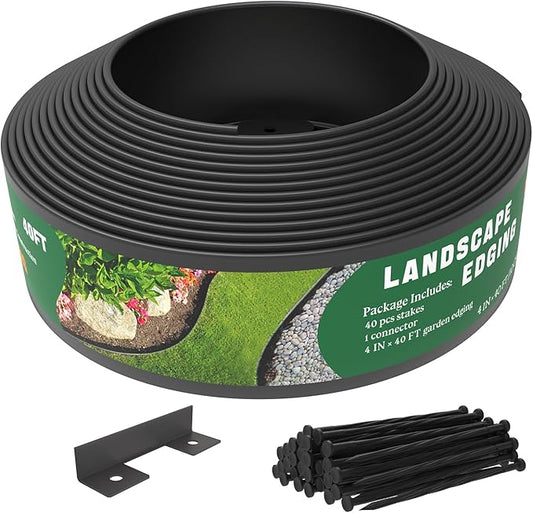 Mars Villa Landscape Edging, 4 Inch Tall 40FT Garden Edging Border with 40 Anchoring Spikes, Flexible Garden Border Edging...