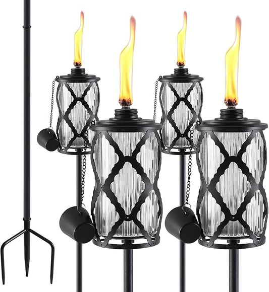 MQKIWAO 4 Pack Glass Citronella Torches, 16 oz Garden Torches for Outside, 55 inch Outdoor Clear Glass Citronella Torches ...