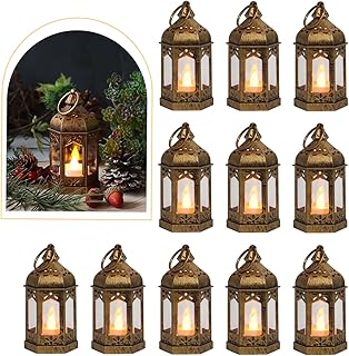 LLQ 8Pcs Mini Lantern with LED Tealight, Vintage Brown Lanterns Decorative, Hanging Candle Lanterns for Ramadan Christmas ...