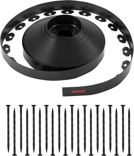 VEVOR Landscape Edging, 100 ft x 1.5 in Plastic Garden Border Edging with 120 Spikes, No Dig, Flexible Lawn Edgings Roll, ...
