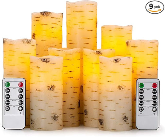 Enpornk Flameless Flickering LED Candles with Birch Bark Effect - Set of 9 Battery-Operated Real Wax Pillar with 10-Key Re...