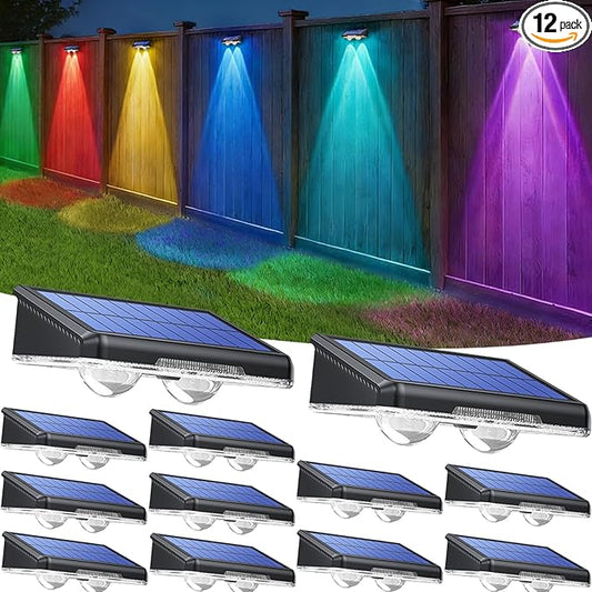 TECKNET Solar Fence Lights Outdoor 12 Pack, Warm White & 6 Colors & RGB, IP66 Waterproof LED Deck Light, Dusk to Dawn Fenc...