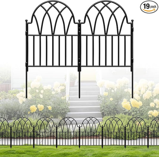 LATIHUUM 19 Pack Decorative Garden Fence Panels - 20.07 Ft Black Arched Metal Landscape Border Edging with Floral Design,N...