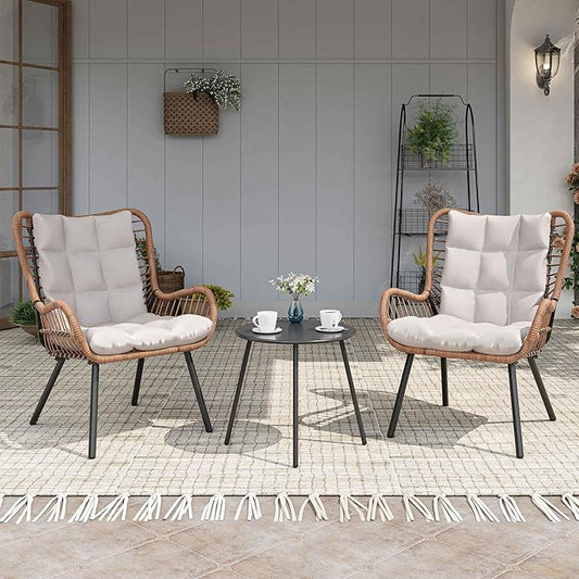 LAUSAINT HOME 3 Piece All Weather Outdoor Bistro Set, Small Patio Furniture with Thick Cushioned Chairs & Coffee Table, Co...