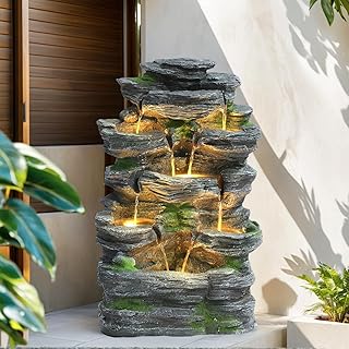 Grepatio Outdoor Water Fountain 7 Tier Cascading Rock Waterfalls Fountains with LED Lights and Pump Indoor/Outdoor Modern ...