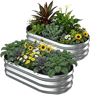 Patiobay 2 Pack 4x2x1FT Galvanized Raised Garden Beds,Raised Garden Bed with Safety Edging and Gloves,Oval Metal Planter B...