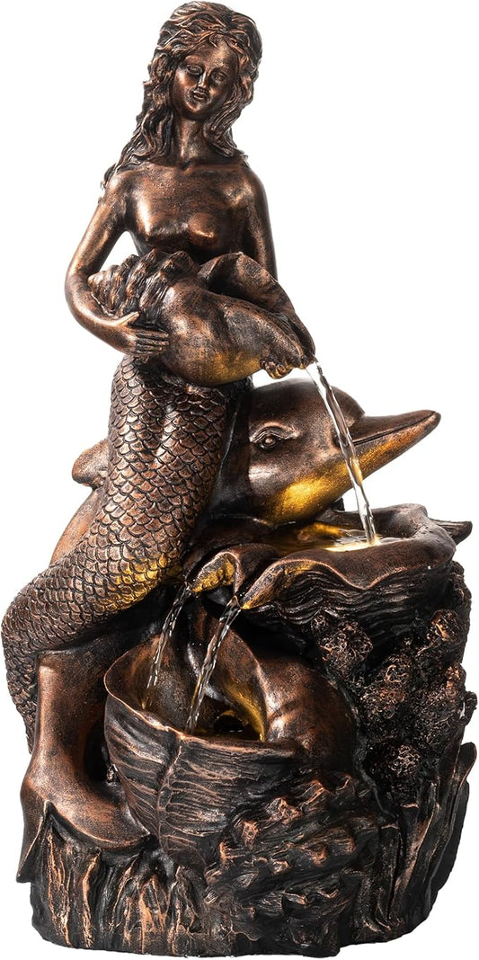 TERESA'S COLLECTIONS 21" Large Mermaid Water Fountains Outdoor with LED Light Auto Slient Pump, Water Features for Yards P...