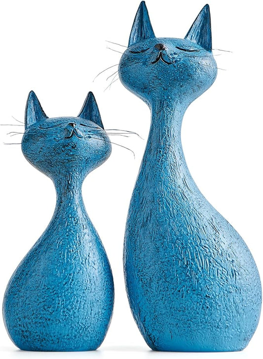 FJS Modern Cat Statues Decor, 8.7" H Navy Blue Cat Sculptures Shelf Table Home Décor Accents, Cute Animals Figurines Decor...