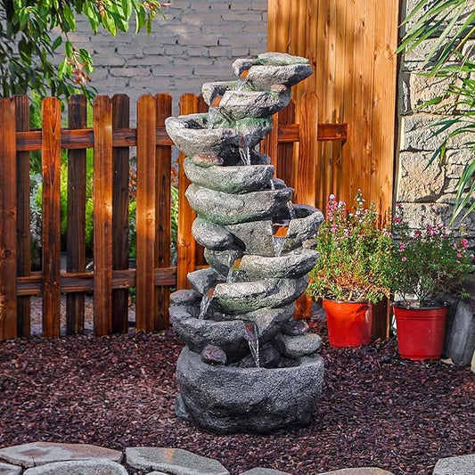 YZM 10-Tier Cascading Rock Water Fountain Outdoor Garden Waterfall Fountains Patio Backyard Deck Porch Pond Art Decor for ...