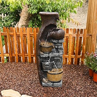 Retro Barrel Water Fountains Indoor 6-Tiered Cascading Waterfall Water Feature 43.31''H Garden Fountain Decor Outdoor with...