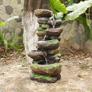 YZM 37.4" H 6-Tiers Cascading Rock Outdoor Water Fountain with LED Lights Outdoor Fountains and Waterfalls for Garden Pati...