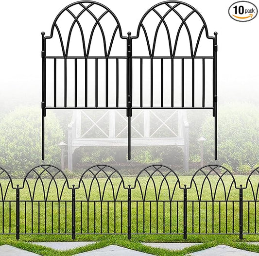 LATIHUUM Garden Fence - 24 in(H) x 10.56ft(L) Arched Metal Fence Panel No Dig Fence, Ground Stake Animal Barrier Fence for...