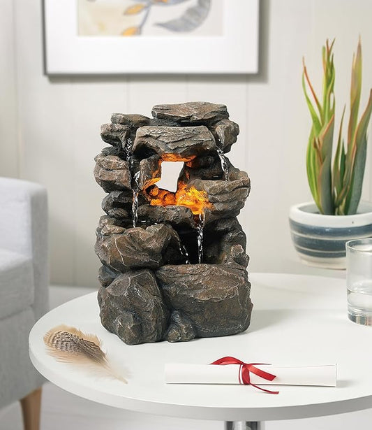 Cascading Indoor Tabletop Water Fountains with LED Light - Rockery Waterfall Fountain - Quiet and Relaxing Water Sound - S...
