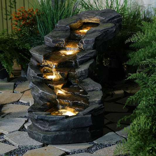 Sunlinua 49" L Water Fountain Outdoor 5-Tiers Rock Natural Waterfall Fountains Floor Standing Water Features with LED Ligh...