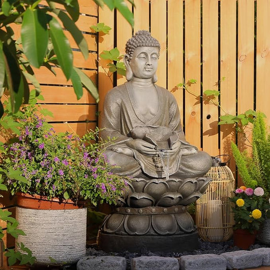 Tankana Buddha Water Fountain Outdoor Large Sitting Lotus Base Waterfall Fountains Zen Water Feature Indoor with LED Light...