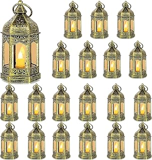 Mini Lantern with Flickering LED Candles Set of 20, Hewory Gold Vintage Decorative Hanging Candle Lanterns for Halloween, ...