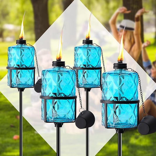 ZSPENG 4 Pack Blue Glass Garden Torch 12 oz Outdoor Torch Garden Décor,60-Inch Upgraded Citronella Torches with 3-Prong Gr...