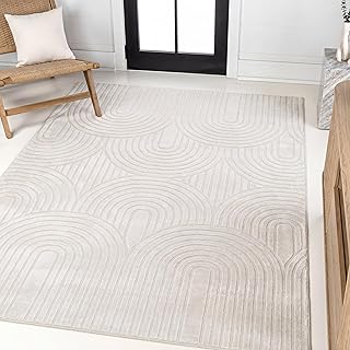 JONATHAN Y Art Deco Striped Arches Indoor Area Rug 5X8 White/Cream, Ariana MidCentury High-Low Two-Tone for Living Room, B...