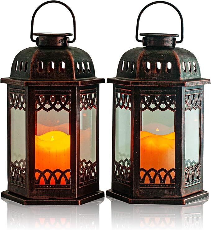 SteadyDoggie Solar Lanterns 2 Pack Bronze - Retro Ornate Hanging Lantern with Handle, Outdoor Lantern with Flickering Cand...