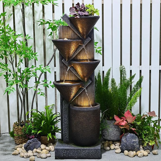 Sunlinua 49.6" Tall Outdoor Waterfall Fountain 5-Tier Indoor Floor Standing Water Fountains with LED Lights&Pump for Garde...