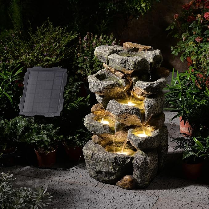 KAISOKU Solar Water Fountain Outdoor Garden, 24" H Cascading Stone Design 5 Tier Rock Feature Outdoor Fountains Waterfalls...