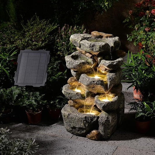 KAISOKU Solar Water Fountain Outdoor Garden, 24" H Cascading Stone Design 5 Tier Rock Feature Outdoor Fountains Waterfalls...
