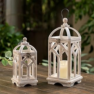 Staymoment Farmhouse Lanterns Decorative Indoor: 11" & 15" Set of 2 White Wooden Candle Holder Lanterns for Table Centerpi...