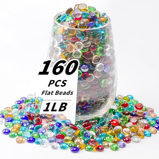 1 LB Mixed Color Flat Glass Beads, 160-180PCS Small Glass Marbles, Mini Flat Round Pebbles for Vase Filler and Floral, Fis...