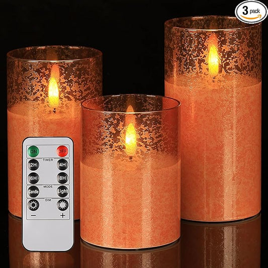 SNUGBLAKI Flameless Candles with Remote, 3D Wick Realistic LED Candles Flickering, Real Wax in Glass Orange Fake Candles f...