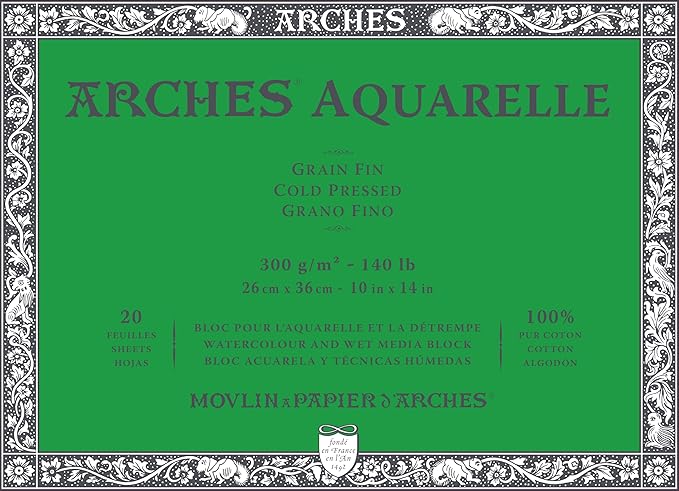 Arches Aquarelle – Pad of 20 Sheets 26 x 36 cm Glued on 4 Sides 300 g/m² – Fine Grain, Natural White, 4 Free Edges