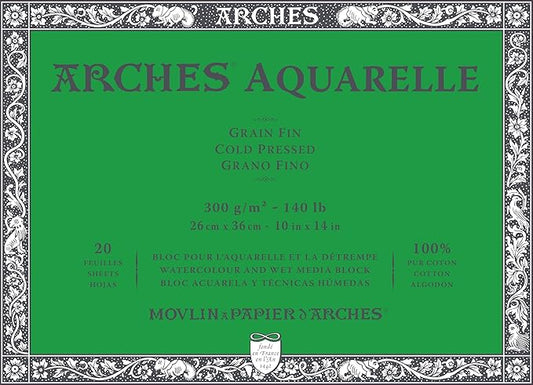 Arches Aquarelle – Pad of 20 Sheets 26 x 36 cm Glued on 4 Sides 300 g/m² – Fine Grain, Natural White, 4 Free Edges