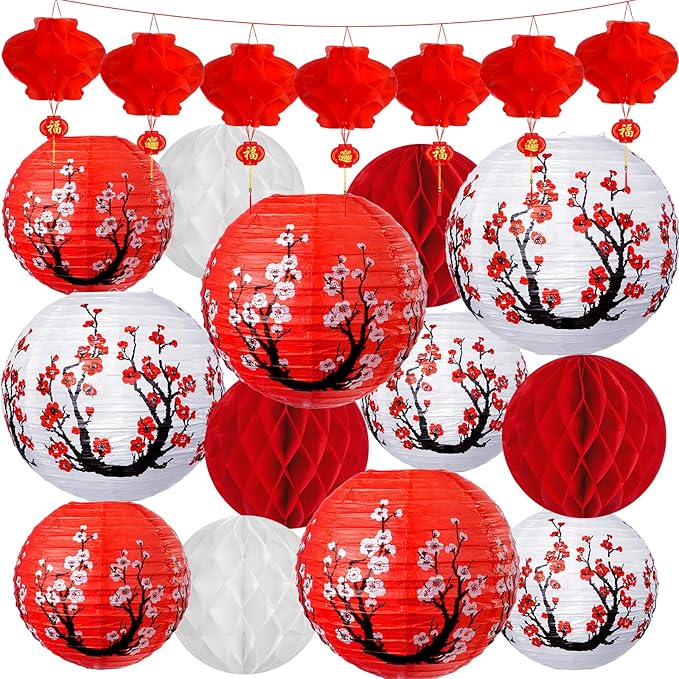33Pcs Chinese Japanese Paper Lantern New Year Decorations 2026, Lunar New Year Lanterns Decoration, Red White Cherry Bloss...