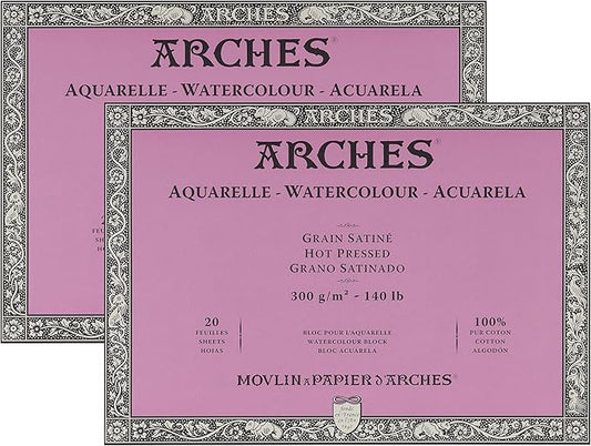 Arches Watercolor Paper Block, Hot Press, 7" x 10", 140 Pound - 2 Pack