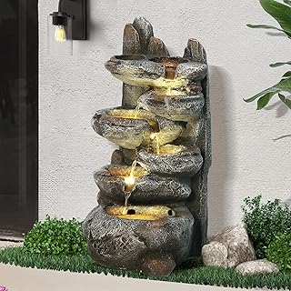 Dephet Outdoor Cascading Rock Water Fountain, 6-Tiers Fountains and Waterfalls with LED Lights, Indoor Freestanding Resin ...