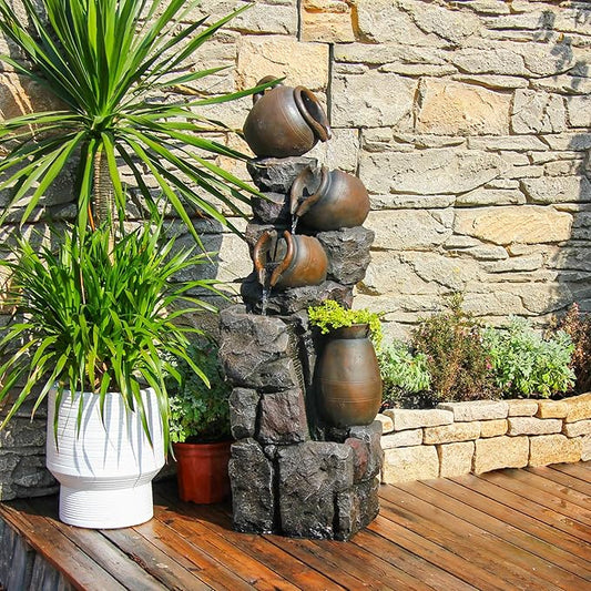 45.67''H Water Fountain Outdoor with Planter Pot 5 Tiers Cascading Waterfall Garden Fountains Indoor LED Lights Water Feat...