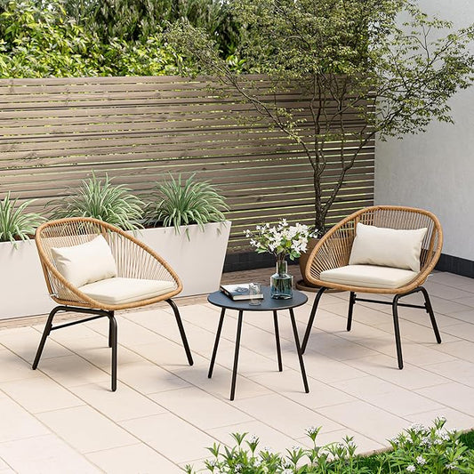 LAUSAINT HOME 3 Piece Patio Conversation Bistro Set, All-Weather Outdoor Wicker Furniture with 2 Wide Chairs and Coffee Ta...